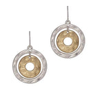 Pair of fish-hook earrings, each a hammered silver outer circle with a gold inner circle.