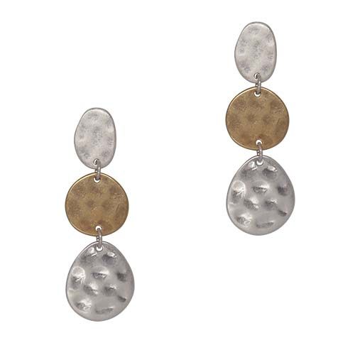 Mismatched pair of drop earrings, each with three hammered discs, one strand silver over gold and the other gold over silver.