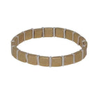 Stretch bracelet of alternating gold squares and silver rectangles.
