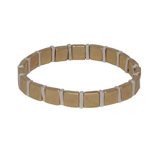 Stretch bracelet of alternating gold squares and silver rectangles.