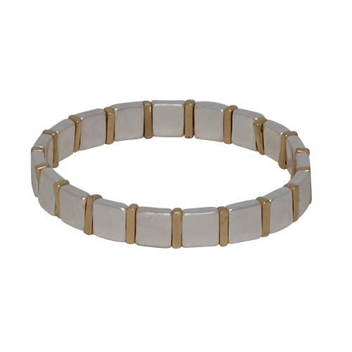 Stretch bracelet of alternating silver squares and gold rectangles.