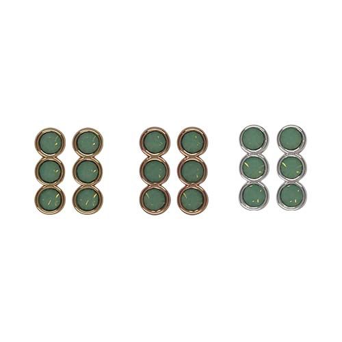 Three pairs of stud earrings, each a vertical trio of round green Pacific Opal stones, shown in gold, rose gold and silver.