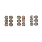 Three pairs of stud earrings, each a vertical trio of round clear cubic zirconia, shown in gold, rose gold and silver.
