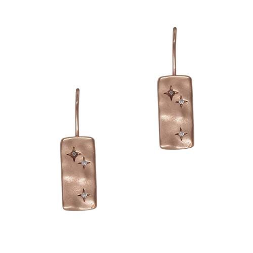Pair of hammered rectangular drop earrings on fish hooks, rose gold with a small clear stone.