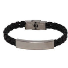 Black plaited leather bracelet with a brushed silver nameplate bar across the front.