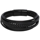 Black leather bracelet of five strands, plain and plaited, with a black magnetic clasp.