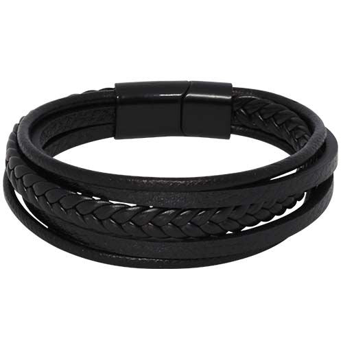Black leather bracelet of five strands, plain and plaited, with a black magnetic clasp.