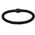 Black plaited leather bracelet doubled into two layers, with a slim dark magnetic clasp.