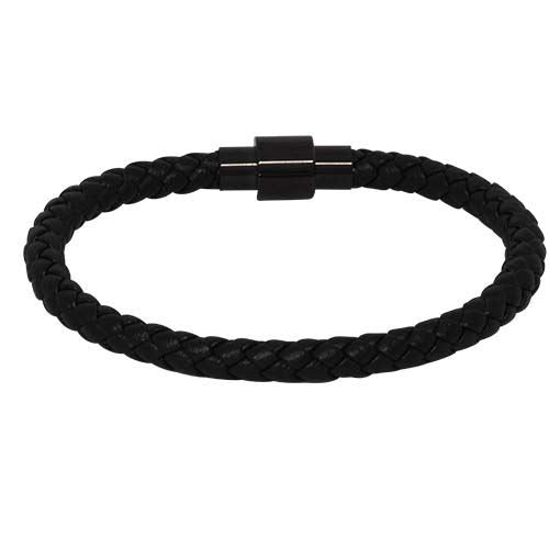 Black plaited leather bracelet doubled into two layers, with a slim dark magnetic clasp.