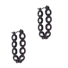 Pair of elongated open-hoop earrings made of flat chain links, in dark chocolate.