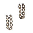 Pair of elongated open-hoop earrings made of flat chain links, in warm gold.