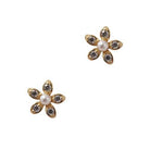 Pair of five-petal flower stud earrings set with clear stones and a pearl centre, in gold.