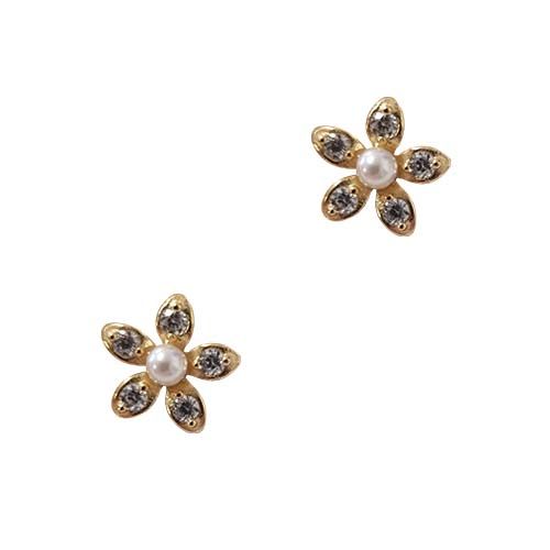 Pair of five-petal flower stud earrings set with clear stones and a pearl centre, in gold.