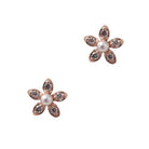 Pair of five-petal flower stud earrings set with clear stones and a pearl centre, in rose gold.