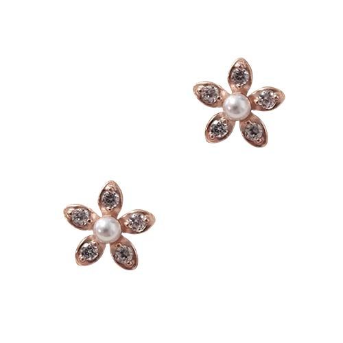 Pair of five-petal flower stud earrings set with clear stones and a pearl centre, in rose gold.
