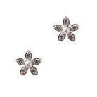 Pair of five-petal flower stud earrings set with clear stones and a pearl centre, in silver.