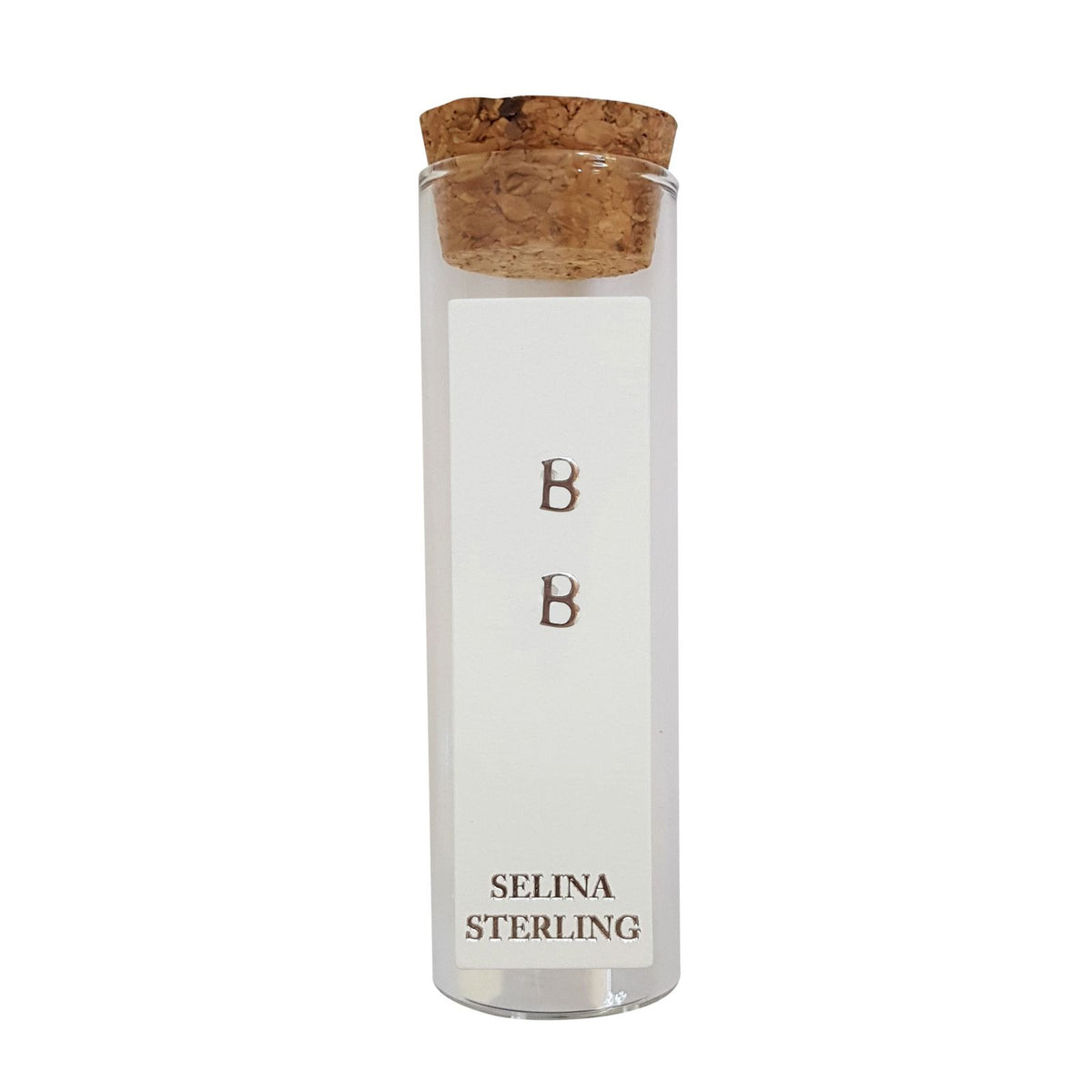 Selina sterling silver letter B stud earrings in a cork-topped glass gift tube.