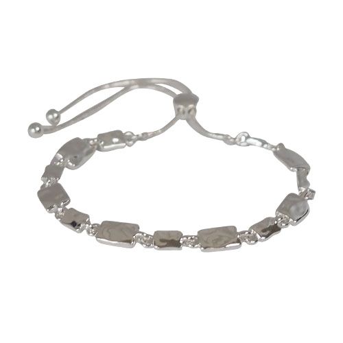 Silver-tone slider bracelet of hammered rectangular links, with a sliding clasp and ball-tipped chain ends.