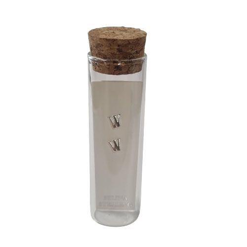 Selina sterling silver letter W stud earrings in a cork-topped glass gift tube.