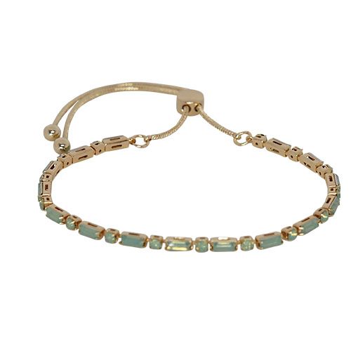 Gold-tone slider bracelet of milky aqua rectangular and round crystals, with a sliding clasp and ball-tipped chain ends.