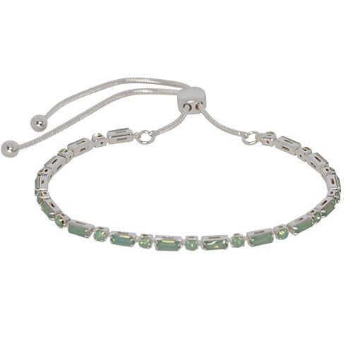 Silver-tone slider bracelet of milky aqua rectangular and round crystals, with a sliding clasp and ball-tipped chain ends.