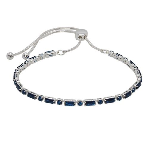 Silver-tone slider bracelet of deep blue rectangular and round crystals, with a sliding clasp and ball-tipped chain ends.