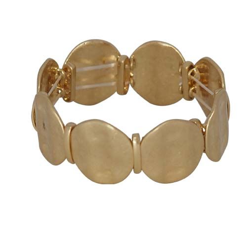 Stretch bracelet of large, gently hammered gold-tone discs joined by gold-tone bars.