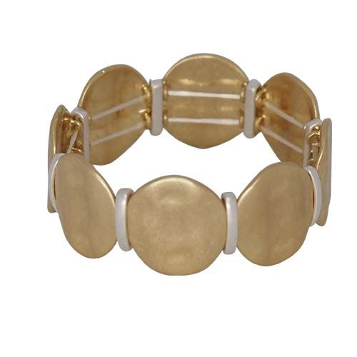 Stretch bracelet of large, gently hammered gold-tone discs joined by silver-tone bars.