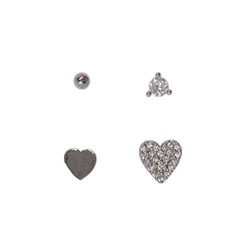 Silver-tone stud set: a plain ball, a claw-set clear cubic zirconia, a plain heart and a pavé cubic zirconia heart.