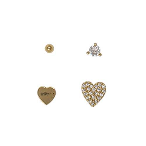 Gold-tone stud set: a plain ball, a claw-set clear cubic zirconia, a plain heart and a pavé cubic zirconia heart.