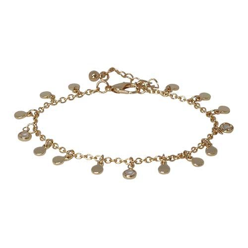 Gold-tone chain bracelet hung with small round discs and clear cubic zirconia drops, with a lobster clasp and extender chain.