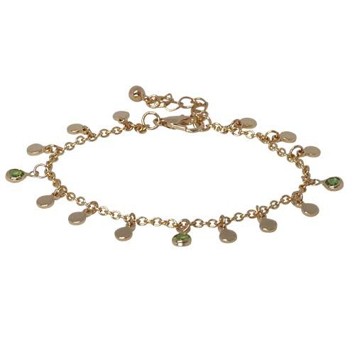 Gold-tone chain bracelet hung with small round discs and green cubic zirconia drops, with a lobster clasp and extender chain.
