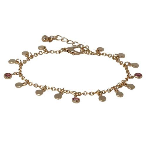 Gold-tone chain bracelet hung with small round discs and pink cubic zirconia drops, with a lobster clasp and extender chain.