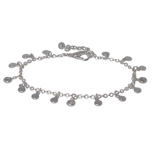 Silver-tone chain bracelet hung with small round discs and clear cubic zirconia drops, with a lobster clasp and extender chain.