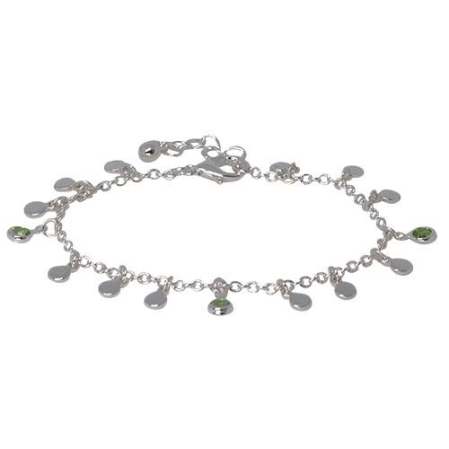 Silver-tone chain bracelet hung with small round discs and green cubic zirconia drops, with a lobster clasp and extender chain.