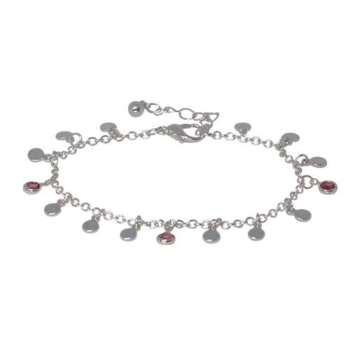 Silver-tone chain bracelet hung with small round discs and pink cubic zirconia drops, with a lobster clasp and extender chain.