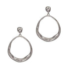 Pair of silver-tone open teardrop hoop earrings with a hammered finish, hanging from nugget-shaped studs.