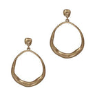 Pair of gold-tone open teardrop hoop earrings with a hammered finish, hanging from nugget-shaped studs.