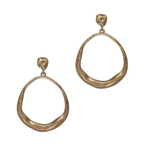 Pair of gold-tone open teardrop hoop earrings with a hammered finish, hanging from nugget-shaped studs.