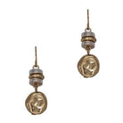 Pair of fish hook earrings with stacked flat gold- and silver-tone beads above a hammered gold-tone disc.