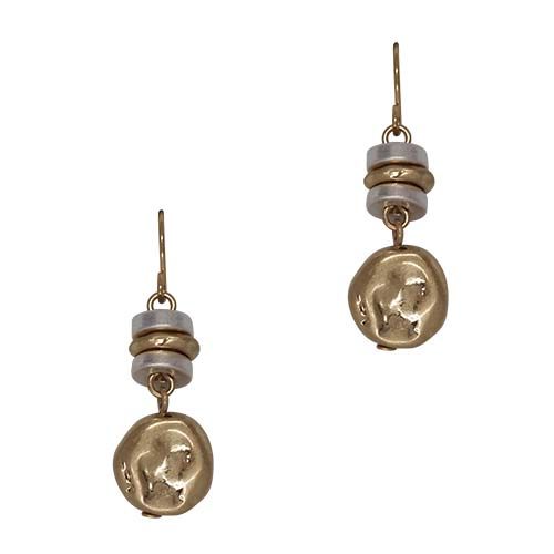 Pair of fish hook earrings with stacked flat gold- and silver-tone beads above a hammered gold-tone disc.