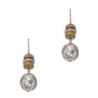 Pair of fish hook earrings with stacked flat gold- and silver-tone beads above a hammered silver-tone disc.