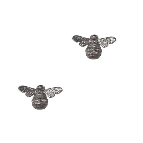 Pair of silver-tone bee stud earrings with rounded ribbed bodies and textured wings.