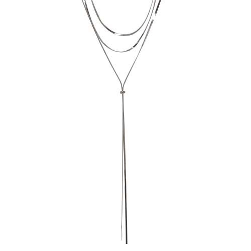 Silver-tone triple-layer necklace of fine herringbone chains, the longest drawn into a Y-shaped lariat with two long tails.