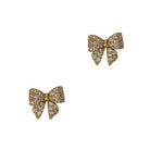 Pair of gold-tone bow stud earrings paved with clear cubic zirconia.