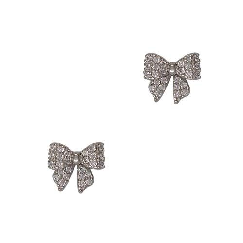 Pair of silver-tone bow stud earrings paved with clear cubic zirconia.