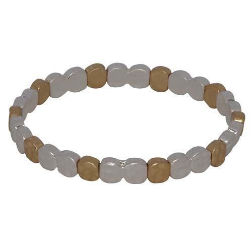 Stretch bracelet of small hammered silver-tone discs with gold-tone discs spaced between.