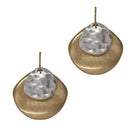 Pair of fish hook earrings: a satin gold-tone teardrop layered with a smaller hammered silver-tone teardrop.
