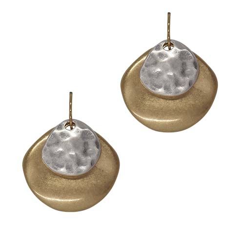 Pair of fish hook earrings: a satin gold-tone teardrop layered with a smaller hammered silver-tone teardrop.