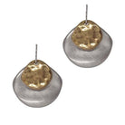 Pair of fish hook earrings: a satin silver-tone teardrop layered with a smaller hammered gold-tone teardrop.